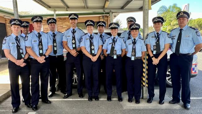 Acting Chief Superintendent Peter Miles (far right) with 11 First Year Constables who have been allocated to the Gold Coast District at Mudgeeraba police station on Monday. Picture: Keith Woods.