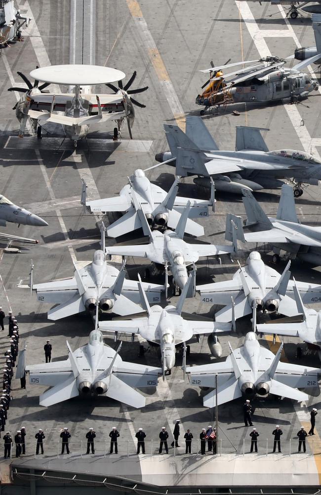 The USS Ronald Reagan aircraft carrier arrives in the South Korean port city of Busan. Picture: AFP