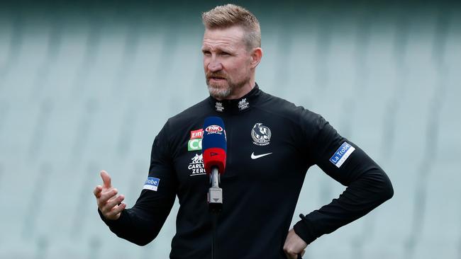 Nathan Buckley’s Magpies were woeful in the opening half against Geelong. Picture: Michael Willson/AFL Photos via Getty Images