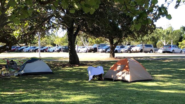 Some of the tents and belongings of the homeless in Carey Park at Southport on the Gold Coast in 2020.