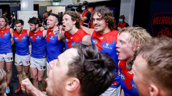 Melbourne flexed its muscle with a big round 23 win over Brisbane. Picture: Russell Freeman/AFL Photos via Getty Images