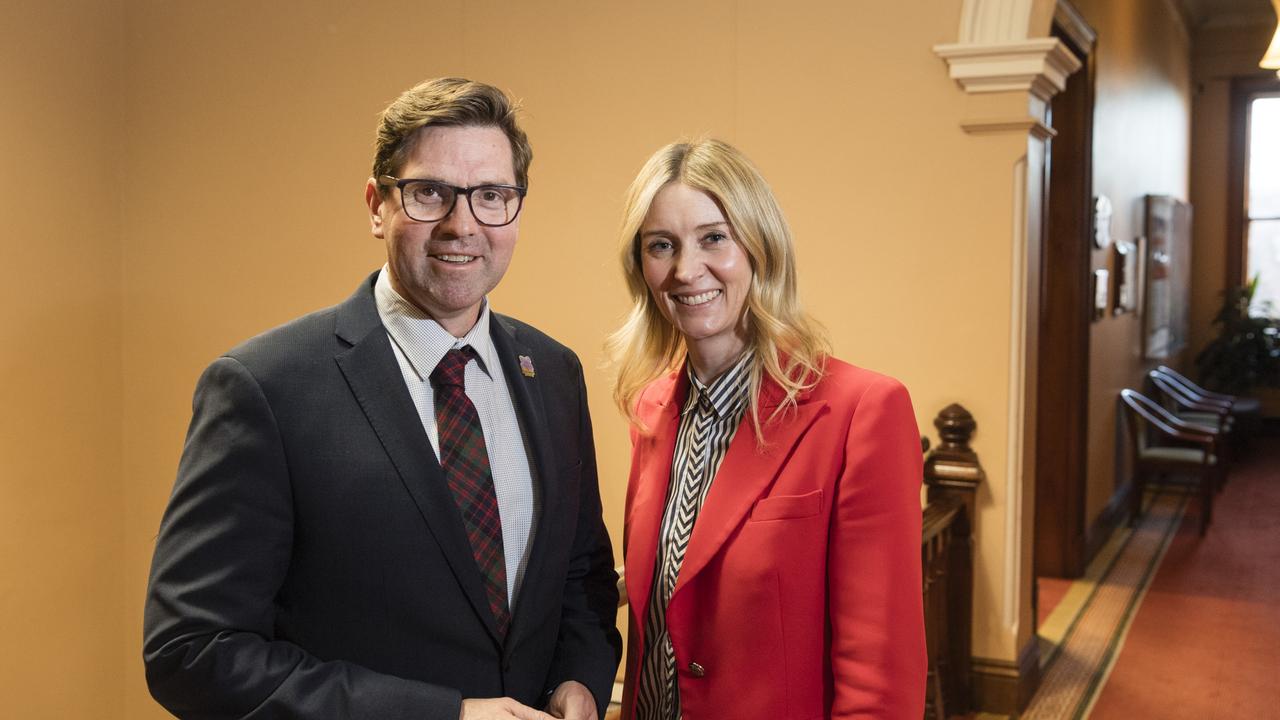 TRC Mayor Geoff McDonald congratulates Councillor Rebecca Vonhoff after she is elevated to the position of deputy mayor following a special meeting, Friday, July 28, 2023. Picture: Kevin Farmer