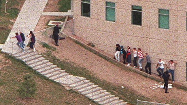 Aerial view of students at Columbine High School in 1999 during the mass school shooting.