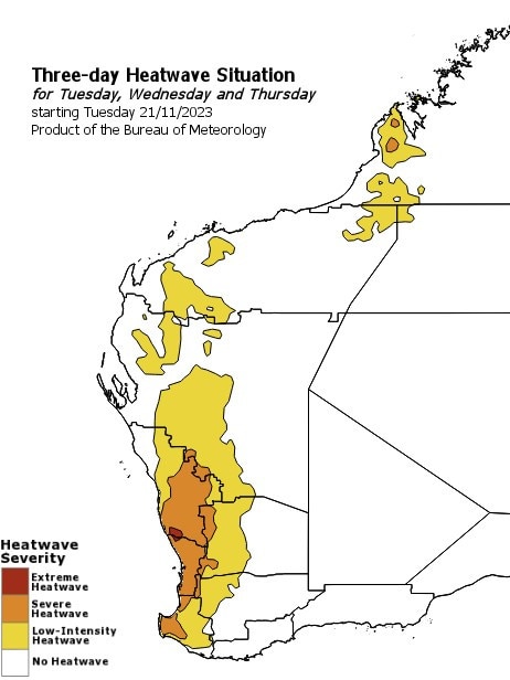 A heatwave warning has been issued for parts of WA, warning of temperatures breaking the November record of more than 40C. Picture: Supplied / BOM