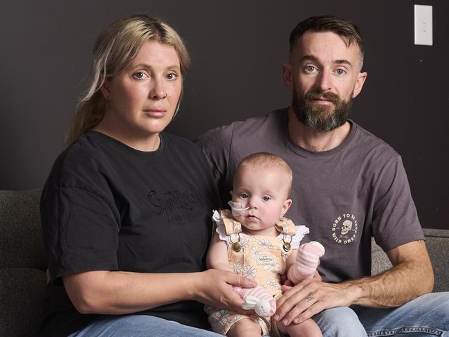 Parents, Alysha Curnow and Joshua Murray with Indigo Daisy Murray, 9 months old, at home in Kudla, Sunday, March 24, 2024. Picture: Matt Loxton