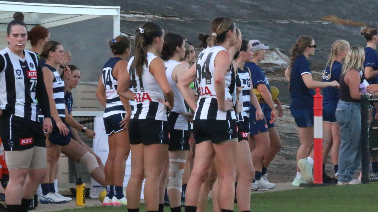 Geelong Amateur premiership player Danielle Sgarbi (#64) waits to come on for Collingwood in Wednesday night's VFLW practice match against Geelong. Picture: Meg Saultry