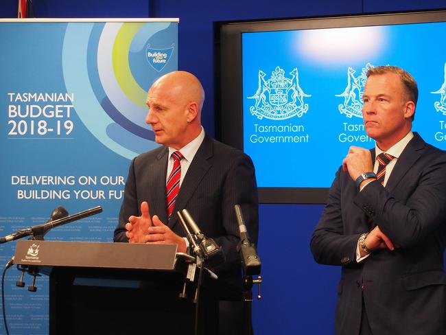 Treasurer Peter Gutwein and Premier Will Hodgman at the State Budget press conference. Picture: DAVID KILLICK