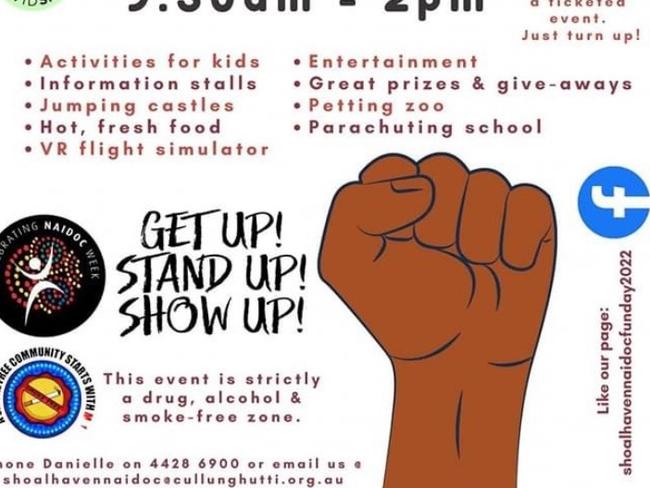 Farmborough Public School shared this NAIDOC flyer on Facebook, which features the racialised militant raised fist motif. Source: Supplied.