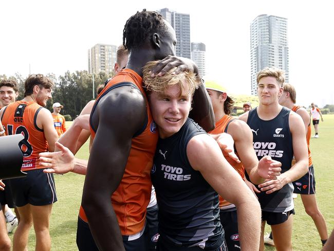 Harvey Thomas is congratulated at GWS Giants training on March 7, 2024 as he is told he make his debut in the Opening Round where they take on Collingwood at home. Photo by Phil Hillyard(Image Supplied for Editorial Use only - Phil Hillyard  **NO ON SALES** - Â©Phil Hillyard )