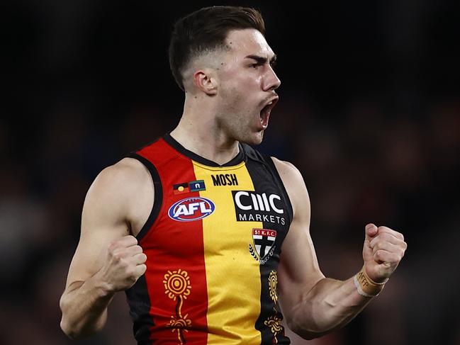 MELBOURNE, AUSTRALIA - JULY 08: Jade Gresham of the Saints celebrates a goal during the round 17 AFL match between St Kilda Saints and Melbourne Demons at Marvel Stadium, on July 08, 2023, in Melbourne, Australia. (Photo by Darrian Traynor/Getty Images)