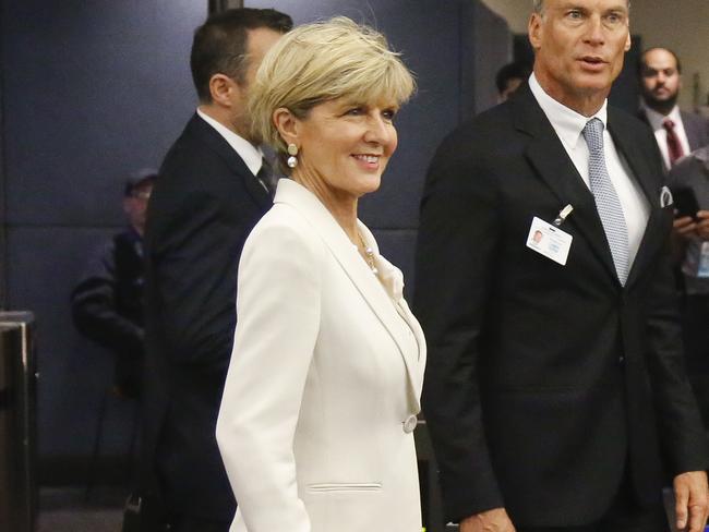 Foreign Minister Julie Bishop with her partner David Panton at the United Nations headquarters on Tuesday. Picture: AP Photo/Bebeto Matthews