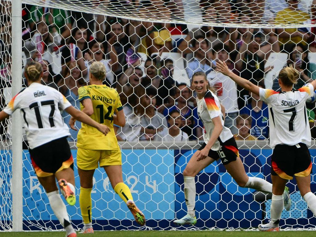 Germany’s Jule Brand celebrates scoring her team's third goal against the Matildas. Picture: Christophe Simon / AFP