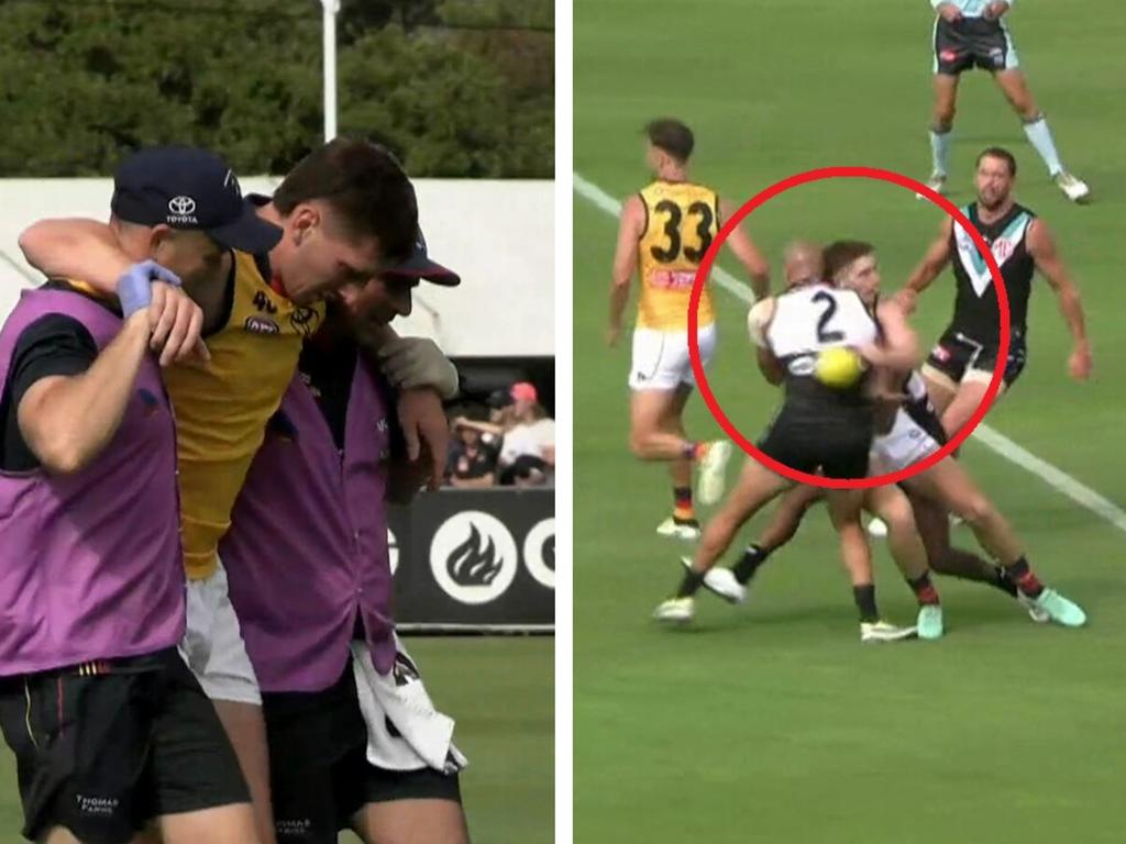 Sam Powell-Pepper could face a suspension after his shoulder struck the head of a Crows defender.