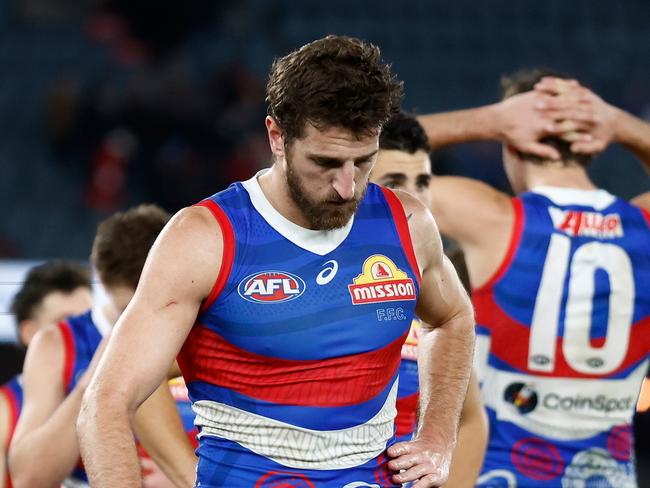 MELBOURNE, AUSTRALIA - MAY 23: Marcus Bontempelli of the Bulldogs looks dejected after a loss during the 2024 AFL Round 11 match between the Western Bulldogs and the Sydney Swans at Marvel Stadium on May 23, 2024 in Melbourne, Australia. (Photo by Michael Willson/AFL Photos via Getty Images)