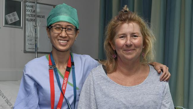 Townsville University Hospital Neurosurgeon Dr Jolyn Khoo with her patient Susan Barlow, who benefited from new operating microscope.