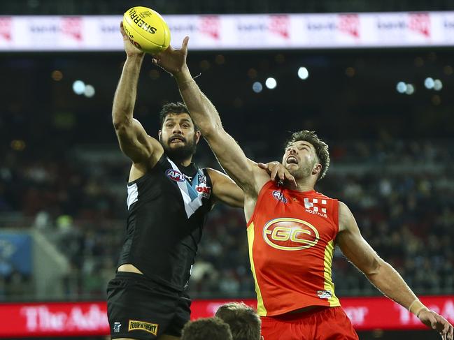 AFL - Port Adelaide v Gold Coast Suns - Round 23 - Adelaide Oval. Paddy Ryder and Keegan Brooksby. Picture Sarah Reed