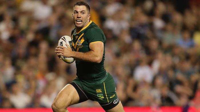 WOLLONGONG, AUSTRALIA - OCTOBER 25: James Tedesco of Australia scores a try during the International Rugby League Test Match between the Australian Kangaroos and the New Zealand Kiwis at WIN Stadium on October 25, 2019 in Wollongong, Australia. (Photo by Mark Metcalfe/Getty Images)