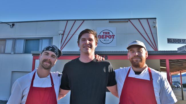 James Bahnisch, Julian Daniello and Joshua van der Ley at their new cafe, The Depot Deli.