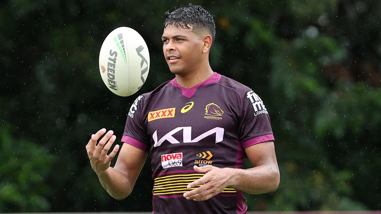 Brisbane, Australia. May 18, 2023. Selwyn Cobbo of the Broncos scores a try  during the NRL Round 12 match between the Brisbane Broncos and the Penrith  Panthers at Suncorp Stadium in Brisbane