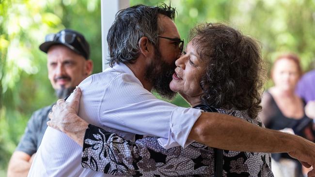 Linford Feick's wife of 50 years, Margaret was comforted by loved ones following the funeral for her husband and Nightcliff Friendly Grocer owner on Wednesday, May 7 at Resthaven Chapel. Picture: Pema Tamang Pakhrin
