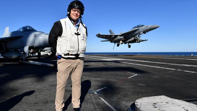 Mr Morrison on the USS Ronald Reagan off the Queensland coast. Picture: AAP Image/Darren England