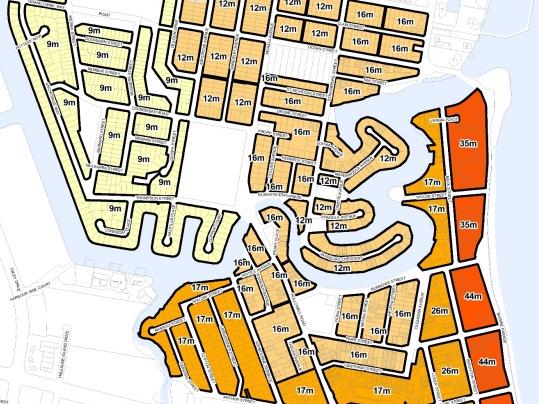 Gold Coast City Plan amendments – the changes in height around Biggera Waters. Close to the Broadwater allows for higher buildings.