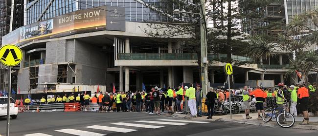 Jewel workers protesting as they are kept in the dark about the futures by developer Yuhu Group and project builder Multiplex. Picture: Sally Coates