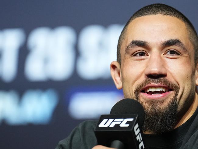 ABU DHABI, UNITED ARAB EMIRATES - OCTOBER 24: Robert Whittaker of New Zealand is seen on stage during the UFC 308 press conference at Etihad Arena on October 24, 2024 in Abu Dhabi, United Arab Emirates.  (Photo by Chris Unger/Zuffa LLC)