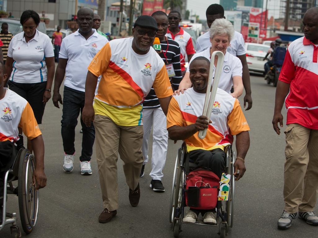 The Queen’s Baton was carried in relay by a variety of dignitaries, politicians and athletes through the streets of Accra, Ghana, on 20 March 2017.