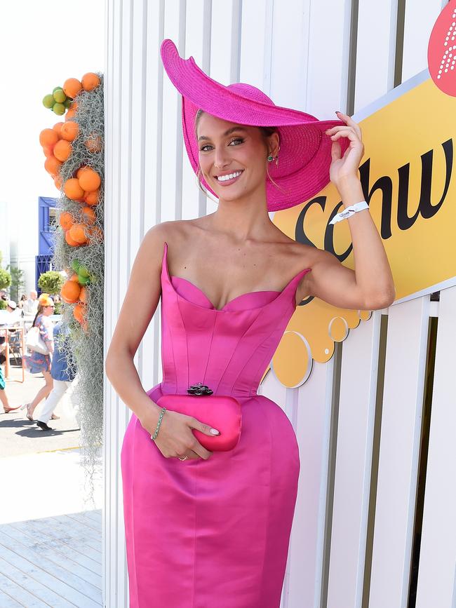 Meanwhile his girlfriend, model Hannah Dal Sasso, was pretty in pink as she hinted at a big project. Picture: NCA NewsWire / Josie Hayden