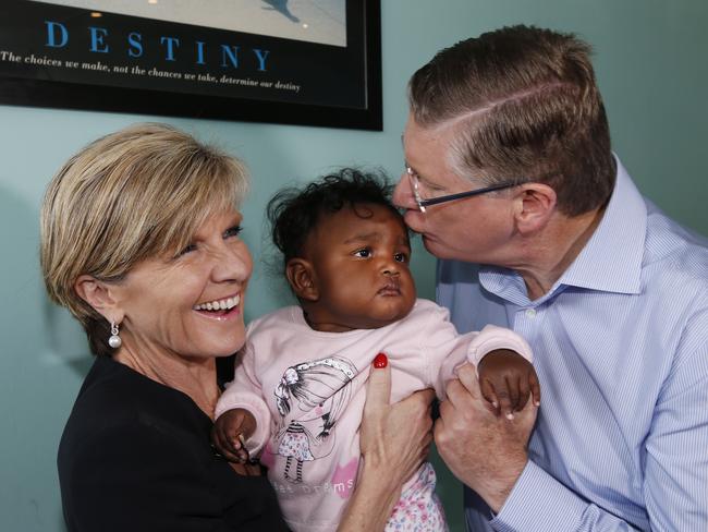 Federal MP Julie Bishop lends Denis Napthine a hand on the campaign trail. Picture: David Caird.