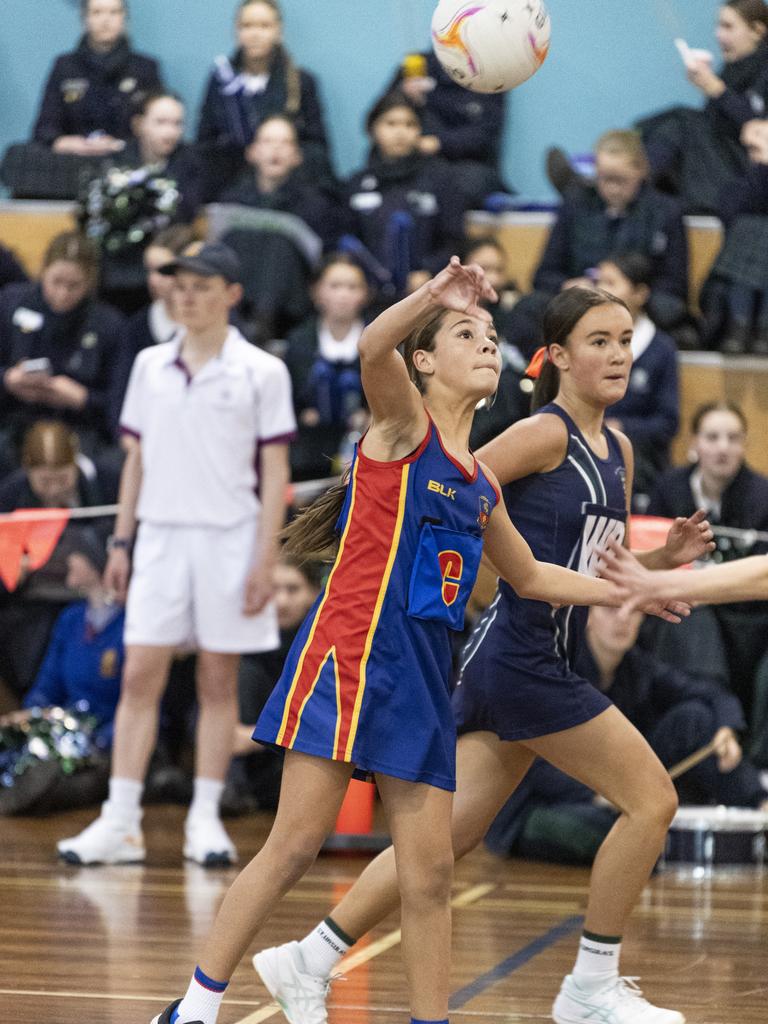 Sophia Hooper of Downlands Junior B against St Ursula's Junior B in Merici-Chevalier Cup netball at Salo Centre, Friday, July 19, 2024. Picture: Kevin Farmer