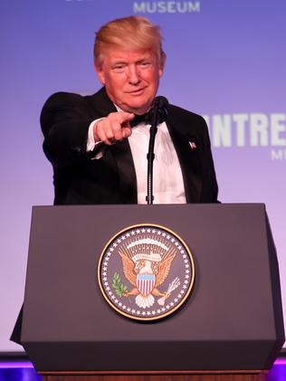 US President Donald Trump speaks at the 75th Anniversary of the Battle of the Coral Sea event on the USS Intrepid in New York City. Picture: Nathan Edwards