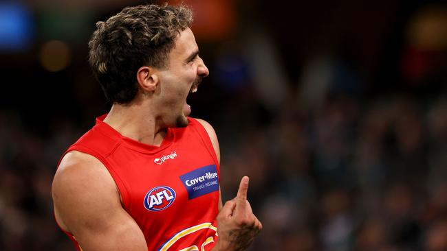 Rankine celebrating a goal against Port Adelaide last year. Picture: James Elsby/AFL Photos