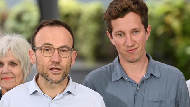 Greens leader Adam Bandt with the party’s housing spokesman Max Chandler-Mather. Picture: Lyndon Mechielsen/The Australian