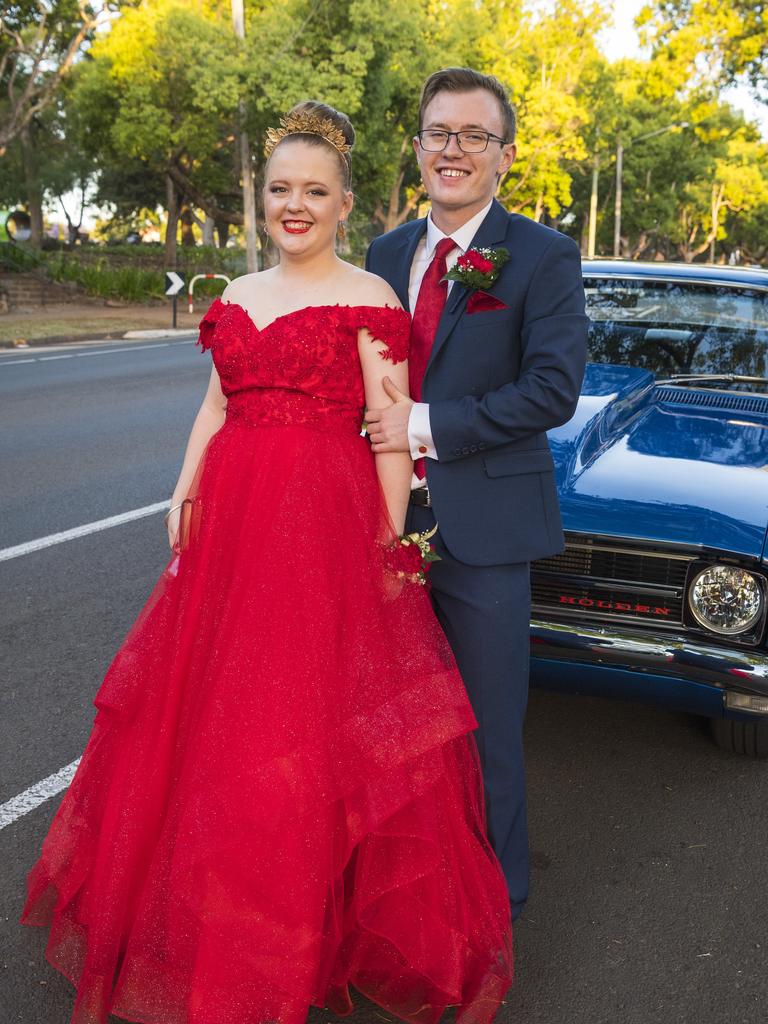 Graduate Caitlin Lang and partner Isaac Williams arrive at Mary MacKillop Catholic College inaugural formal at Cafe Valeta, Thursday, November 19, 2020. Picture: Kevin Farmer