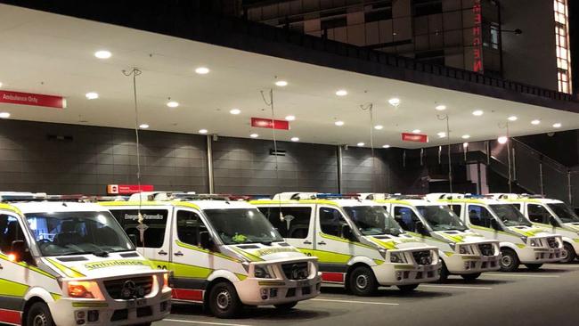 Ambulances lined up at the Gold Coast University Hospital raising concerns about ramping.