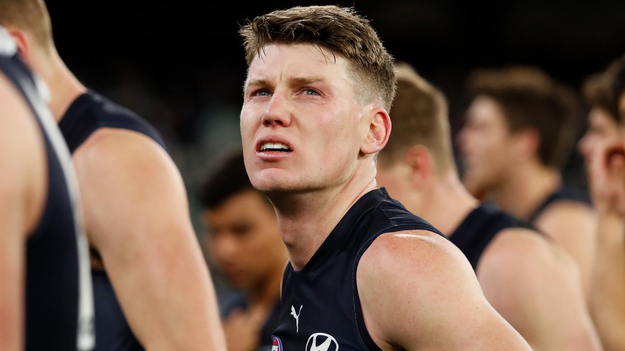 MELBOURNE, AUSTRALIA - JULY 16: Sam Walsh of the Blues looks dejected after a loss during the 2022 AFL Round 18 match between the Carlton Blues and the Geelong Cats at the Melbourne Cricket Ground on July 16, 2022 in Melbourne, Australia. (Photo by Dylan Burns/AFL Photos via Getty Images)