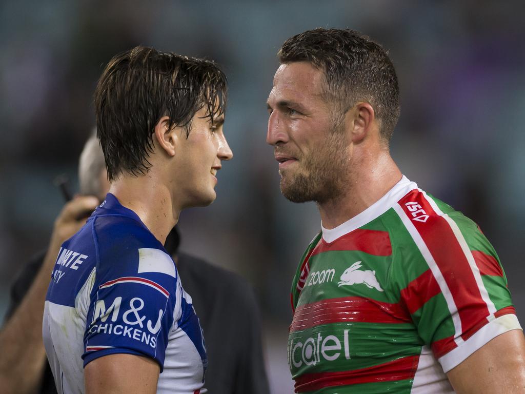 Lachlan Lewis and Sam Burgess were at odds throughout the match.