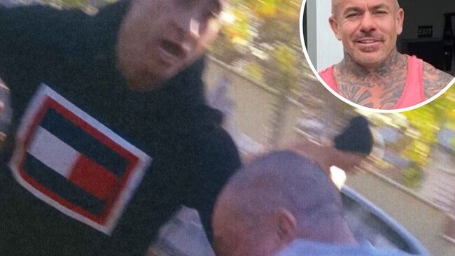 Scenes from the shocking attack on Danny Hawkins (inset) at his Gympie home on the afternoon of September 18, 2021, captured on camera by a witness. Gympie Magistrates Court was told the image showed Ben Colin Buggy (left) and Israel Colin Buggy (right) during the attack.