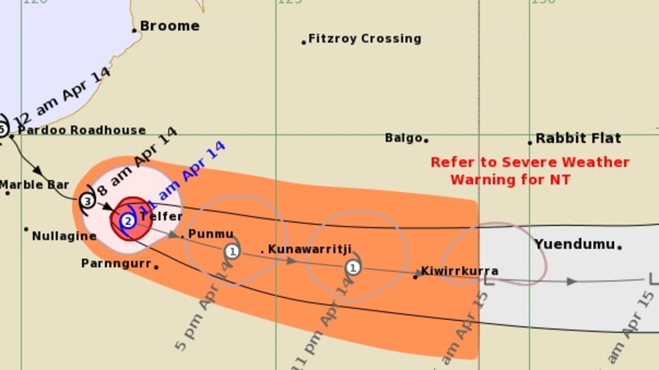 The latest BOM cyclone track map has Ilsa downgraded to a category 2, having moved over Telfer about midday Friday.