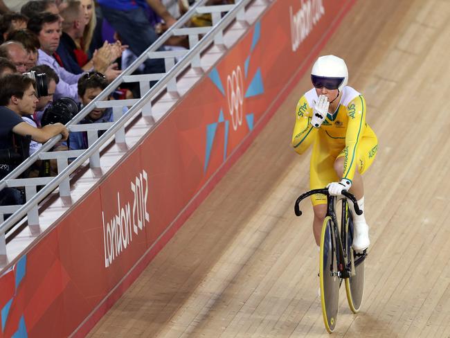 Kaarle McCulloch celebrates winning bronze in the Women's Team Sprint at the London Olympics.