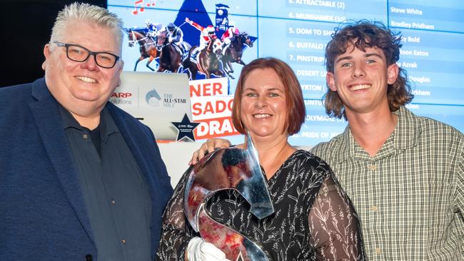 Owner ambassador Raylee Waters with husband Brad and son Harry at the All-Star Mile preview event at Caulfield on Thursday. Picture: Jay Town/Racing Photos