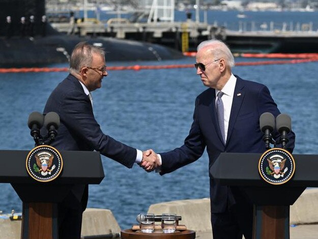 Primary Minister Anthony Albanese with US President Joe Biden. Biden’s administration has come under fire for delaying the AUKUS plan to share advanced military technologies, such as artificial intelligence. Picture: Getty Images