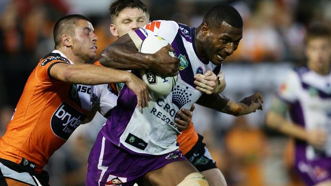Suliasi Vunivalu scored two tries in a top debut for the Storm. Picture: Brett Costello