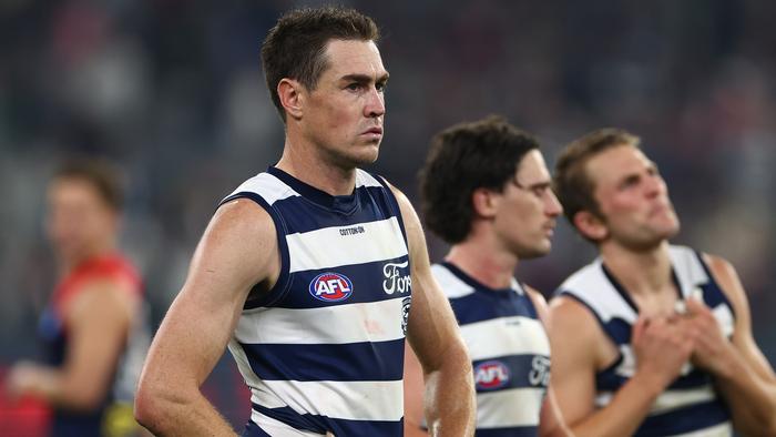 MELBOURNE, AUSTRALIA - MAY 04: Jeremy Cameron of the Cats looks dejected after losing the round eight AFL match between Melbourne Demons and Geelong Cats at Melbourne Cricket Ground, on May 04, 2024, in Melbourne, Australia. (Photo by Quinn Rooney/Getty Images)