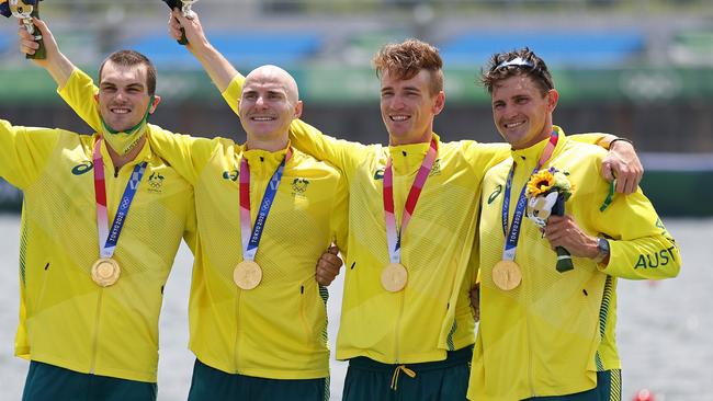 Gold medalists Alexander Purnell, Spencer Turrin, Jack Hargreaves and Alexander Hill celebrate gold. Picture: Naomi Baker/Getty Images