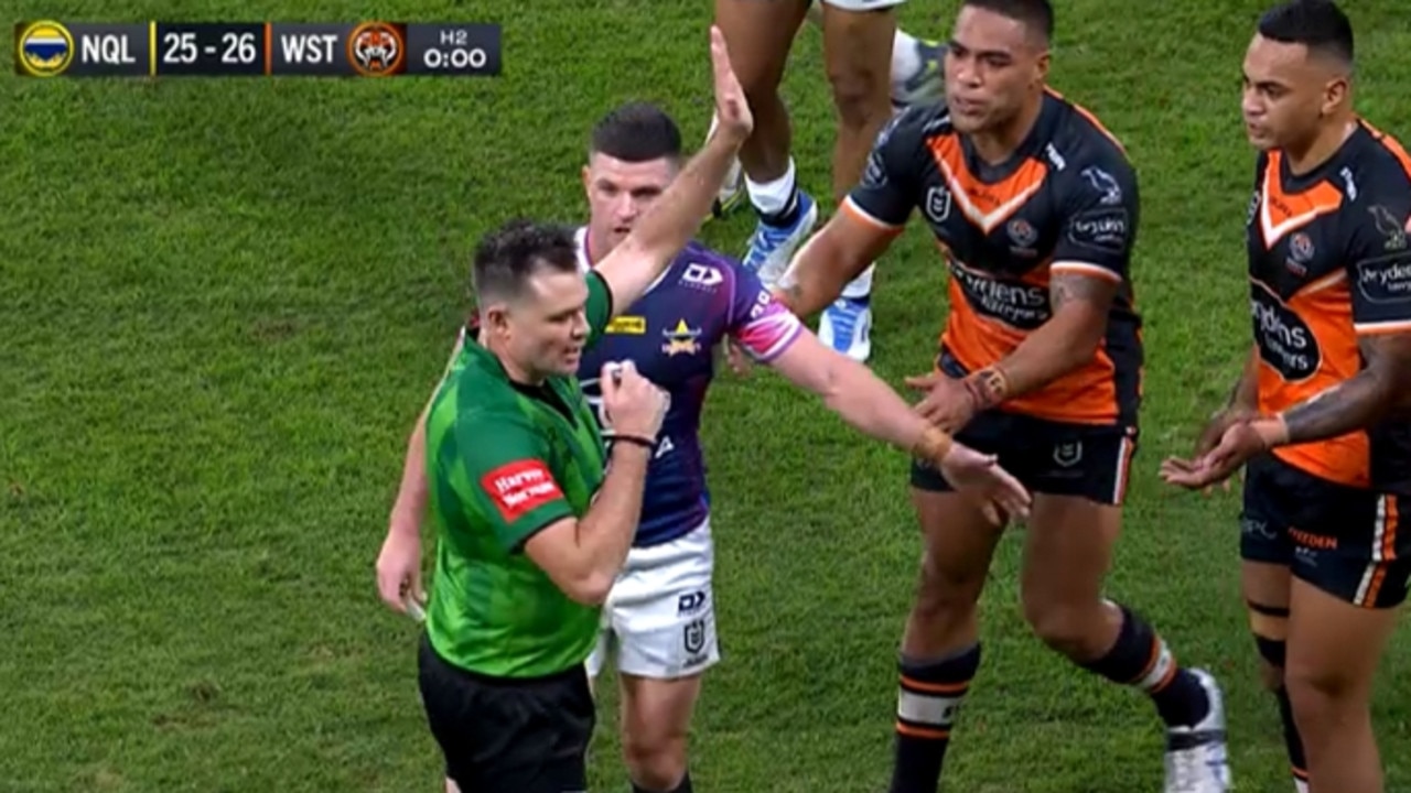 Wests Tigers were denied a win after the bunker ruled an escort play that gave the Cowboys a penalty.