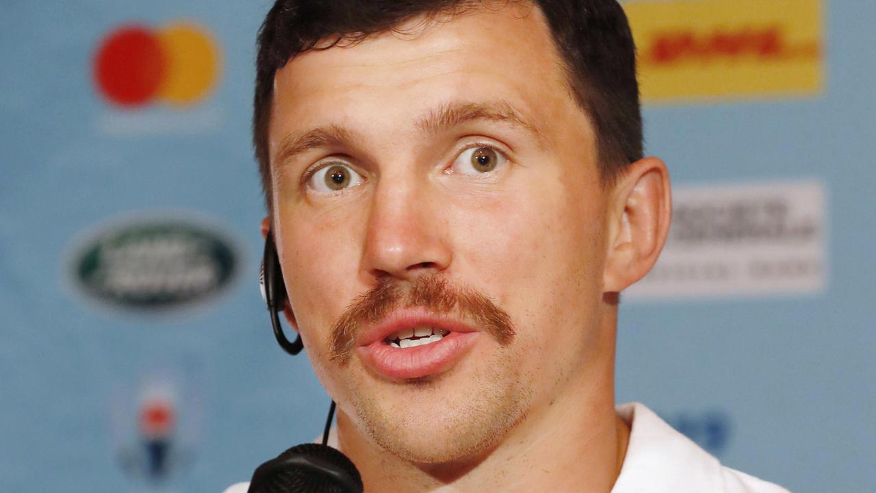 Russian rugby team's captain Vasily Artemyev speaks at a press conference in Tokyo Wednesday, Sept. 18, 2019, ahead of their Rugby World Cup match against Japan. (Yuki Sato/Kyodo News via AP)