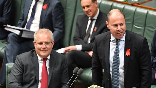 Prime Minister Scott Morrison and Treasurer Josh Frydenberg during Question Time in the House of Representatives in October. Picture: AAP